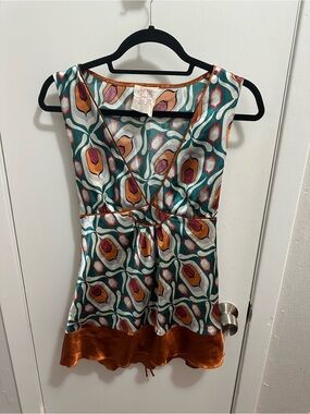 Robin K Teal, Orange and Pink Abstract Satin Blouse
